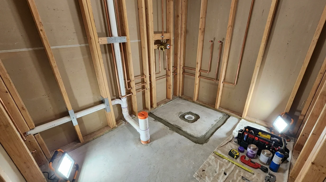 Bathroom rough-in plumbing during remodel by Johns Plumbing LLC in Rosedale