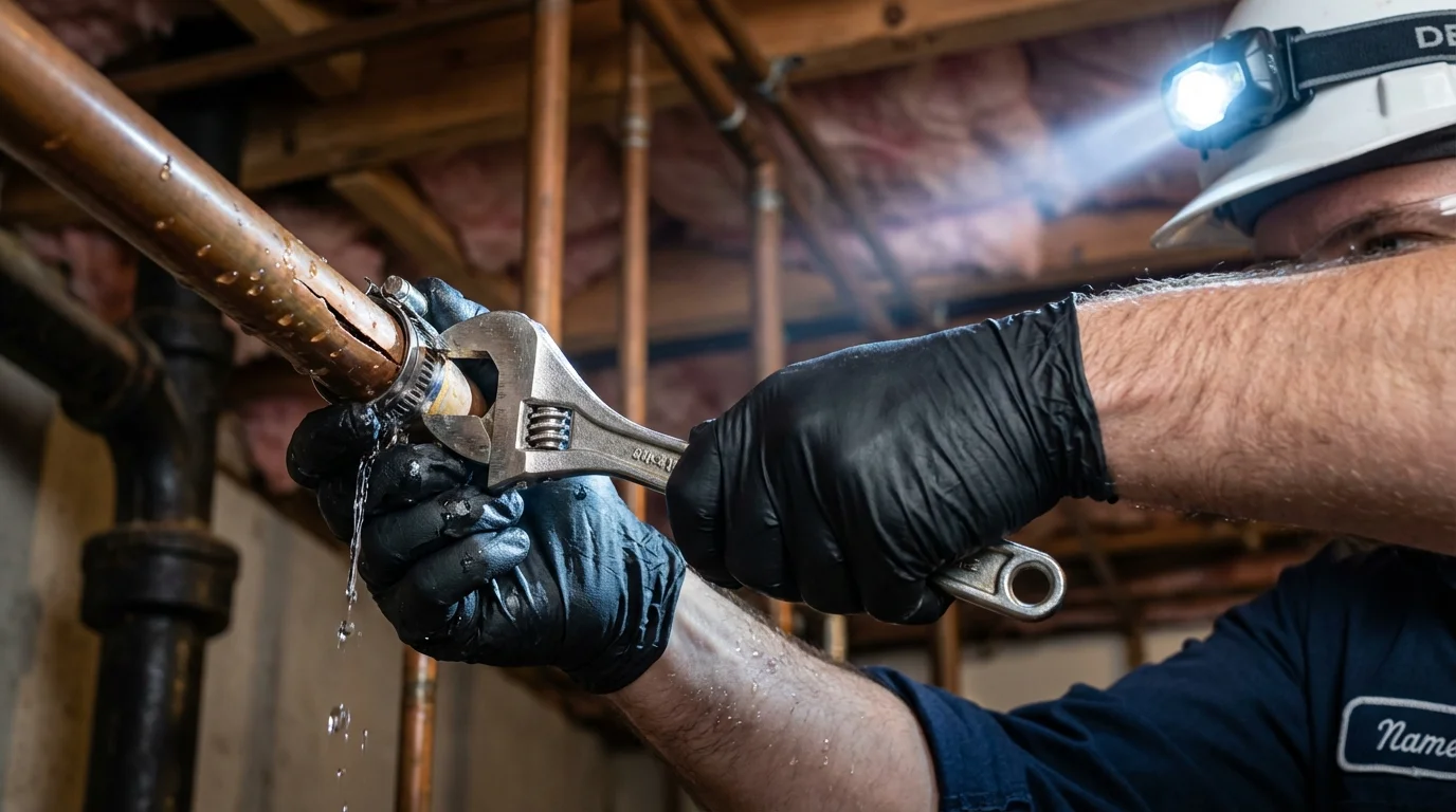 Emergency pipe clamp repair being performed by a Johns Plumbing LLC plumber in Rosedale