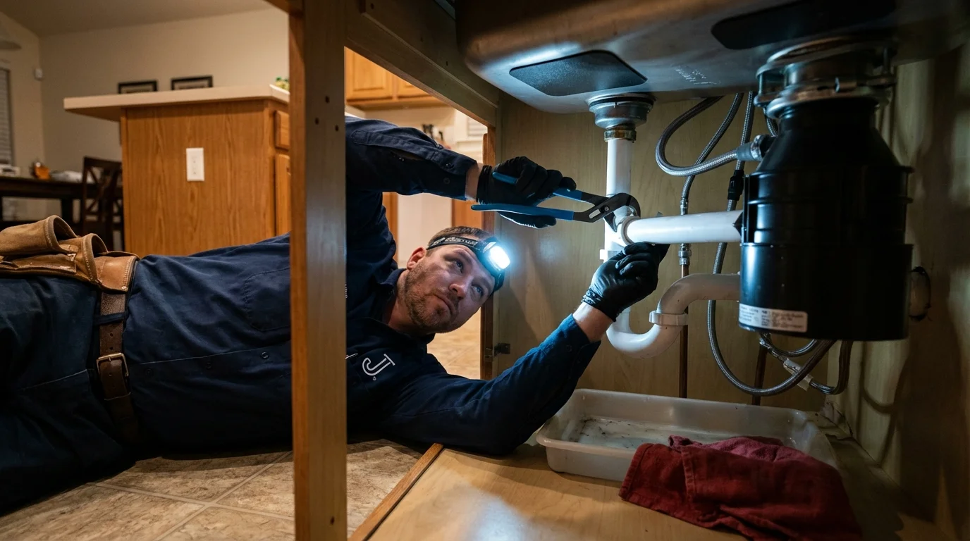 P-trap and supply line connections under a kitchen sink showing a common leak point in Rosedale, NY